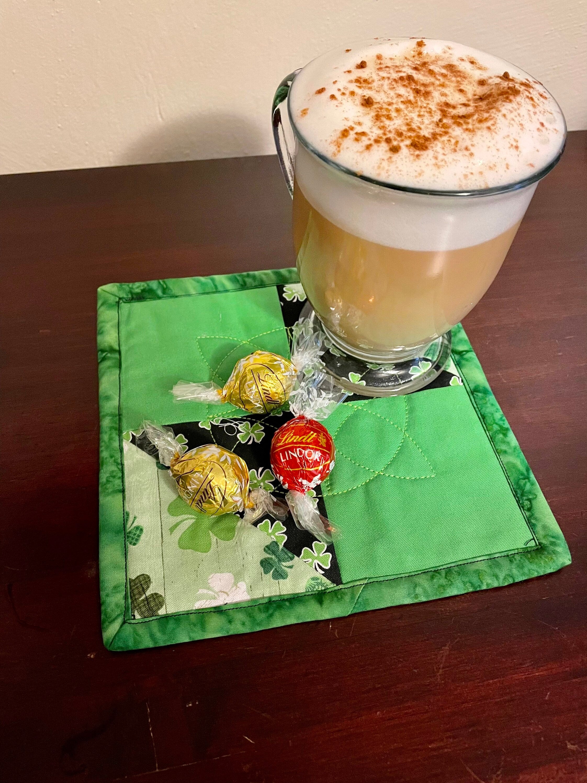 St. Patrick's Day Mug Rug, Shamrock Quilted Coaster, Teacher's Gift, Unique Coaster, Desk Decorations, Home Office, Coffee Bar, Tiered Tray