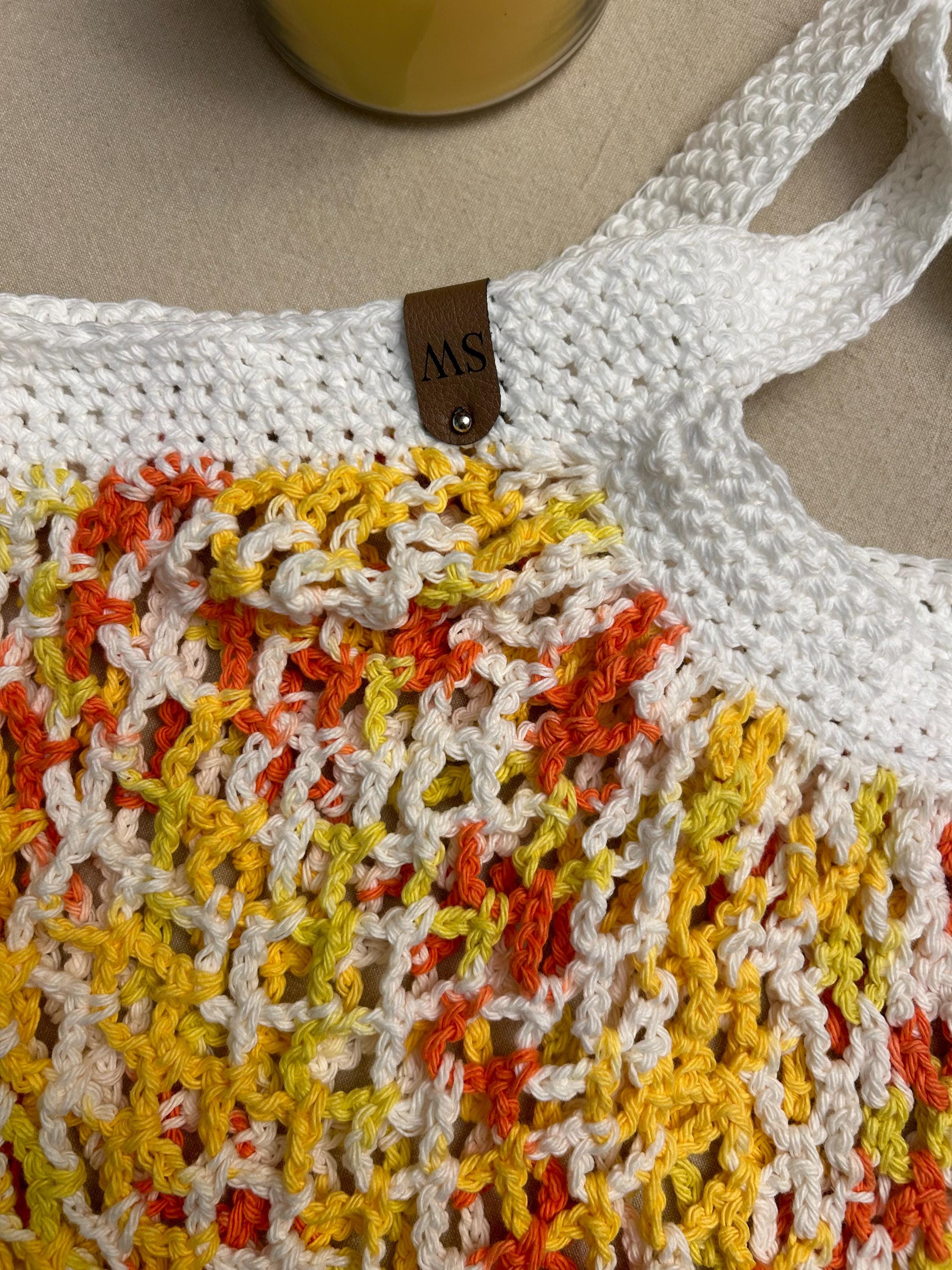 Handcrafted Crochet Mesh Market Bag – Cotton Yarn, Stretchy, Yellow, Orange, & White