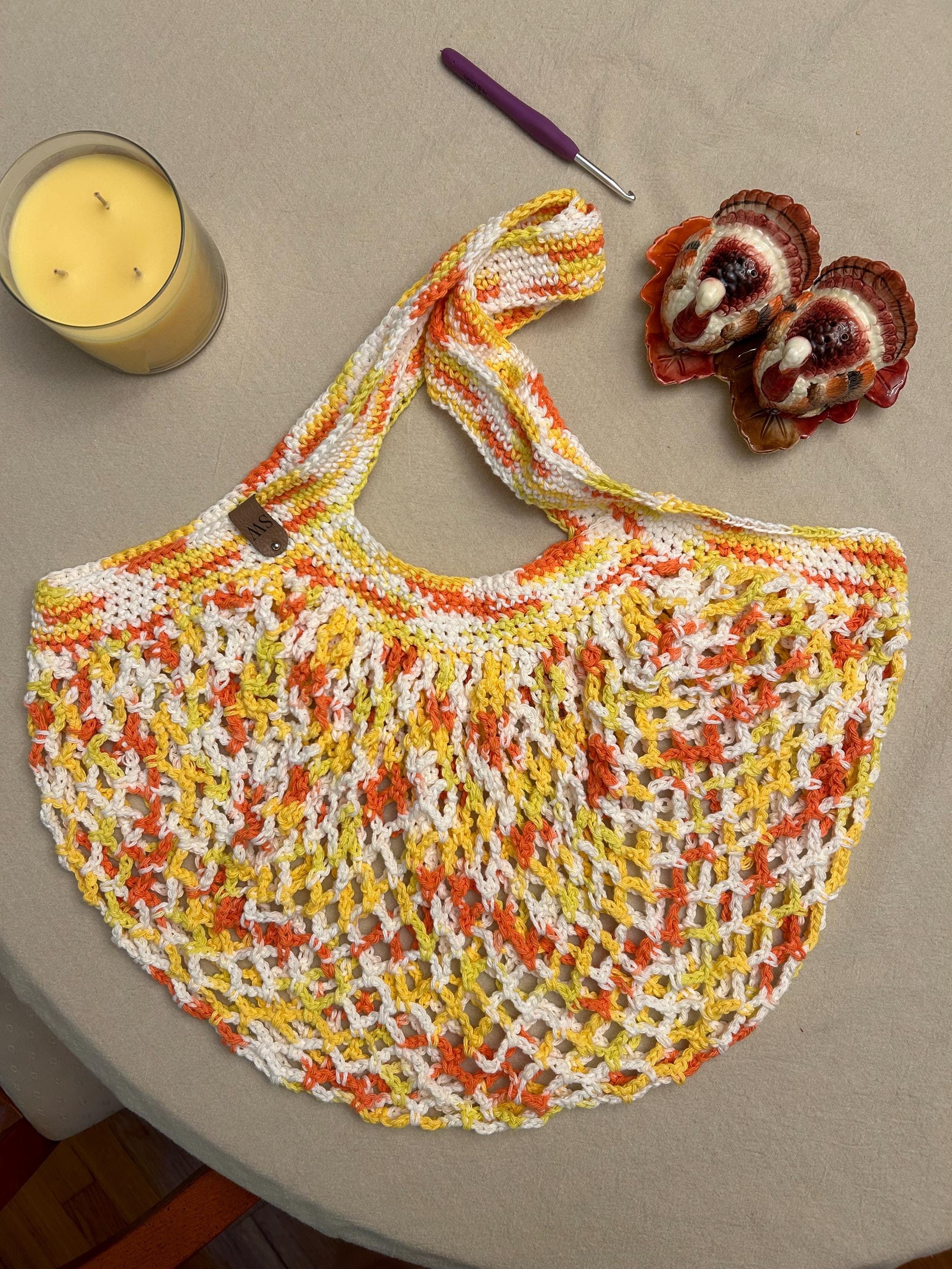 Handcrafted Crochet Mesh Market Bag – Cotton Yarn, Stretchy, Yellow, Orange, & White