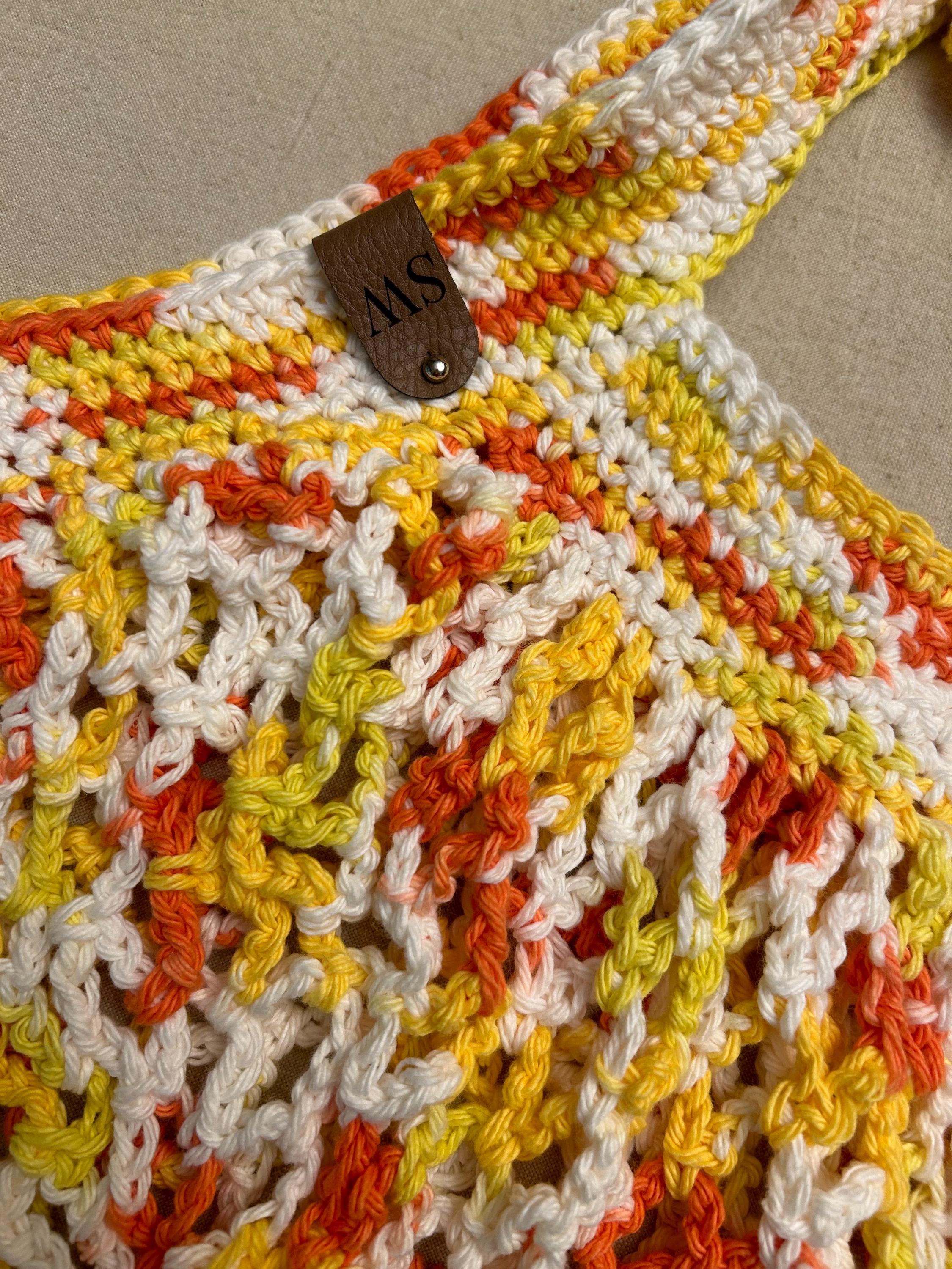 Handcrafted Crochet Mesh Market Bag – Cotton Yarn, Stretchy, Yellow, Orange, & White