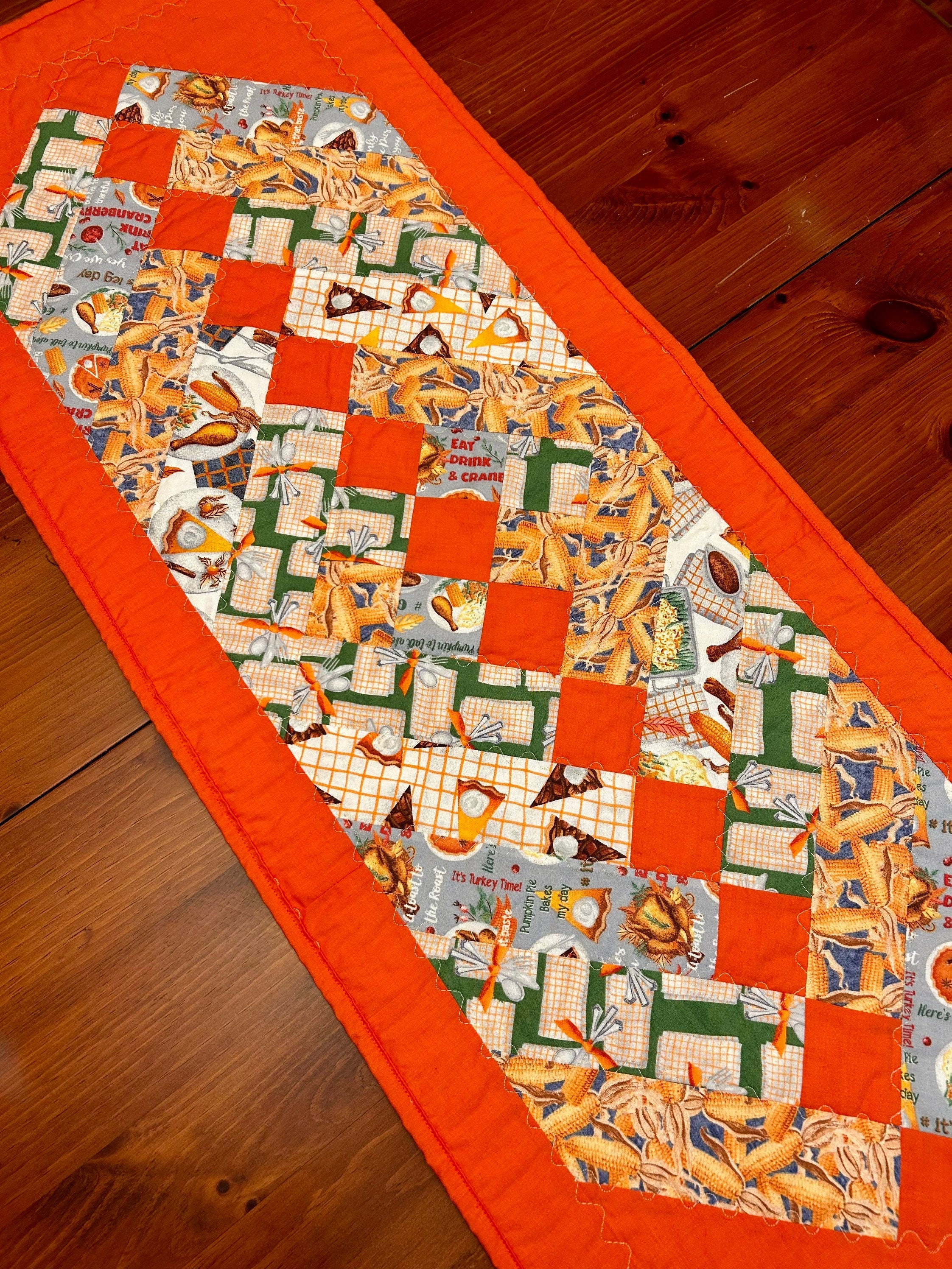 Handmade Fall Table Runner, Thanksgiving Table Runner, Quilted Table Linen, Orange Home Decor, Autumn Tablescape, Holiday Table