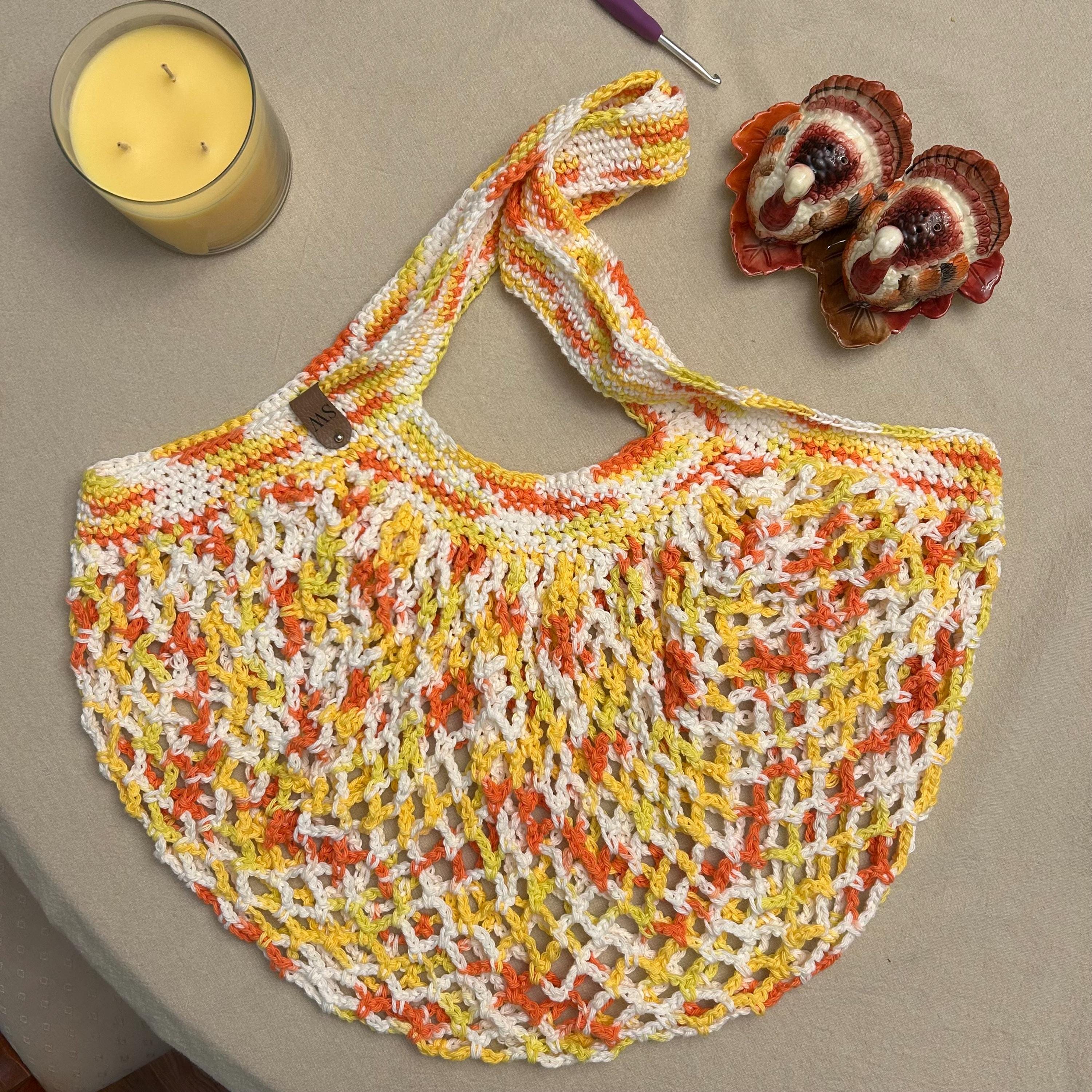 Handcrafted Crochet Mesh Market Bag – Cotton Yarn, Stretchy, Yellow, Orange, & White