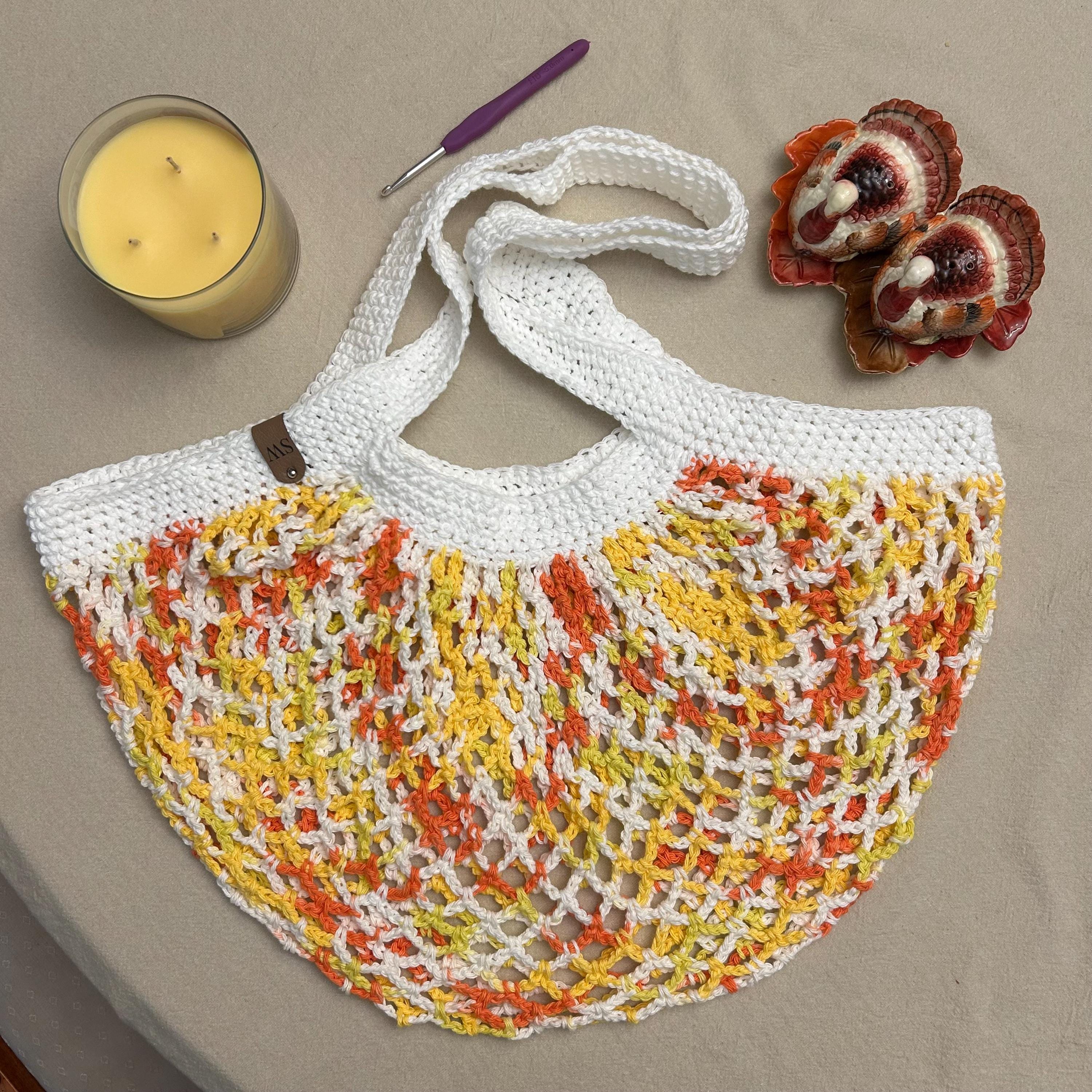 Handcrafted Crochet Mesh Market Bag – Cotton Yarn, Stretchy, Yellow, Orange, & White