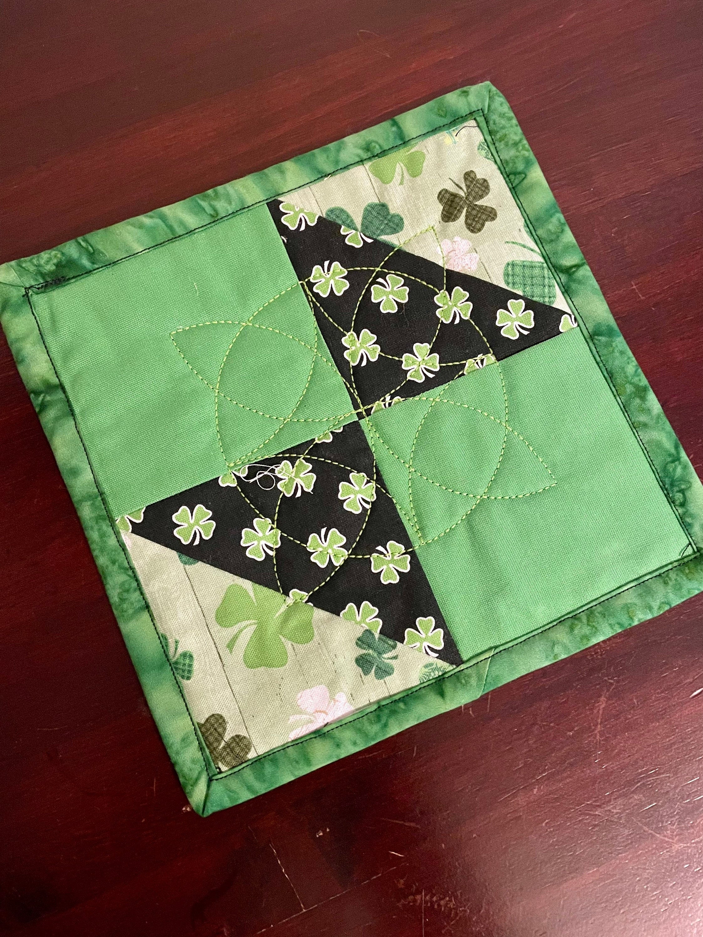 St. Patrick's Day Mug Rug, Shamrock Quilted Coaster, Teacher's Gift, Unique Coaster, Desk Decorations, Home Office, Coffee Bar, Tiered Tray