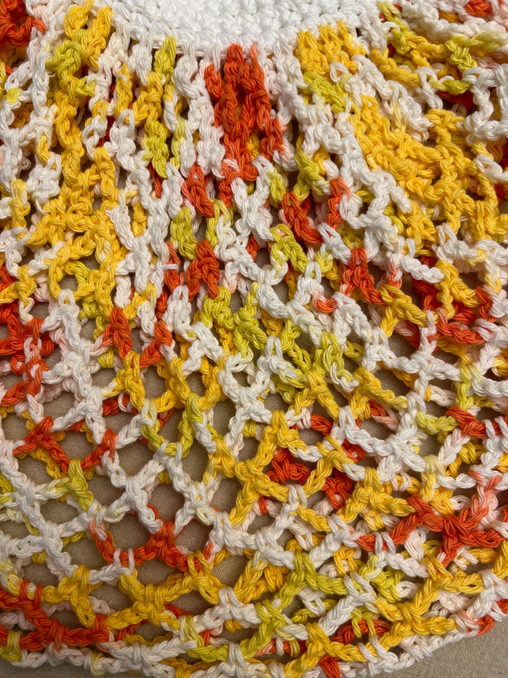 Handcrafted Crochet Mesh Market Bag – Cotton Yarn, Stretchy, Yellow, Orange, & White
