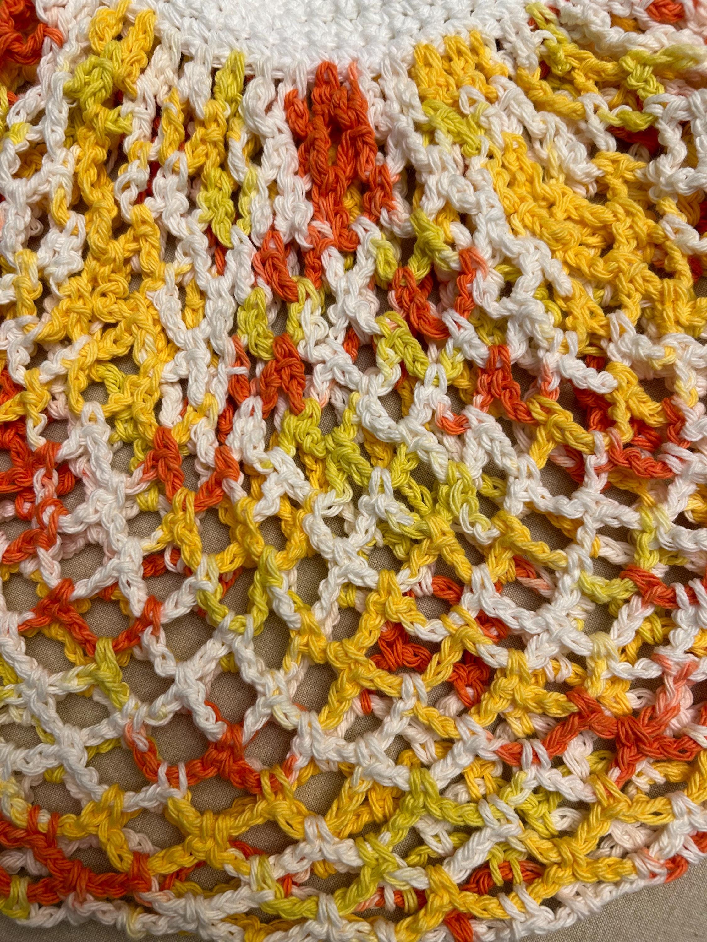 Handcrafted Crochet Mesh Market Bag – Cotton Yarn, Stretchy, Yellow, Orange, & White
