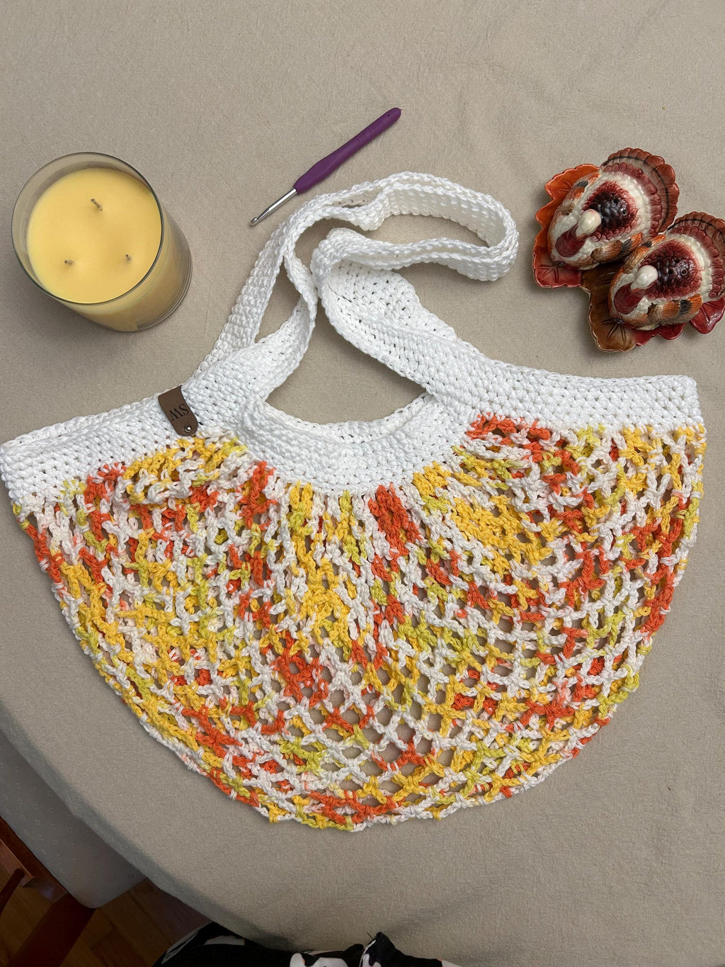 Handcrafted Crochet Mesh Market Bag – Cotton Yarn, Stretchy, Yellow, Orange, & White