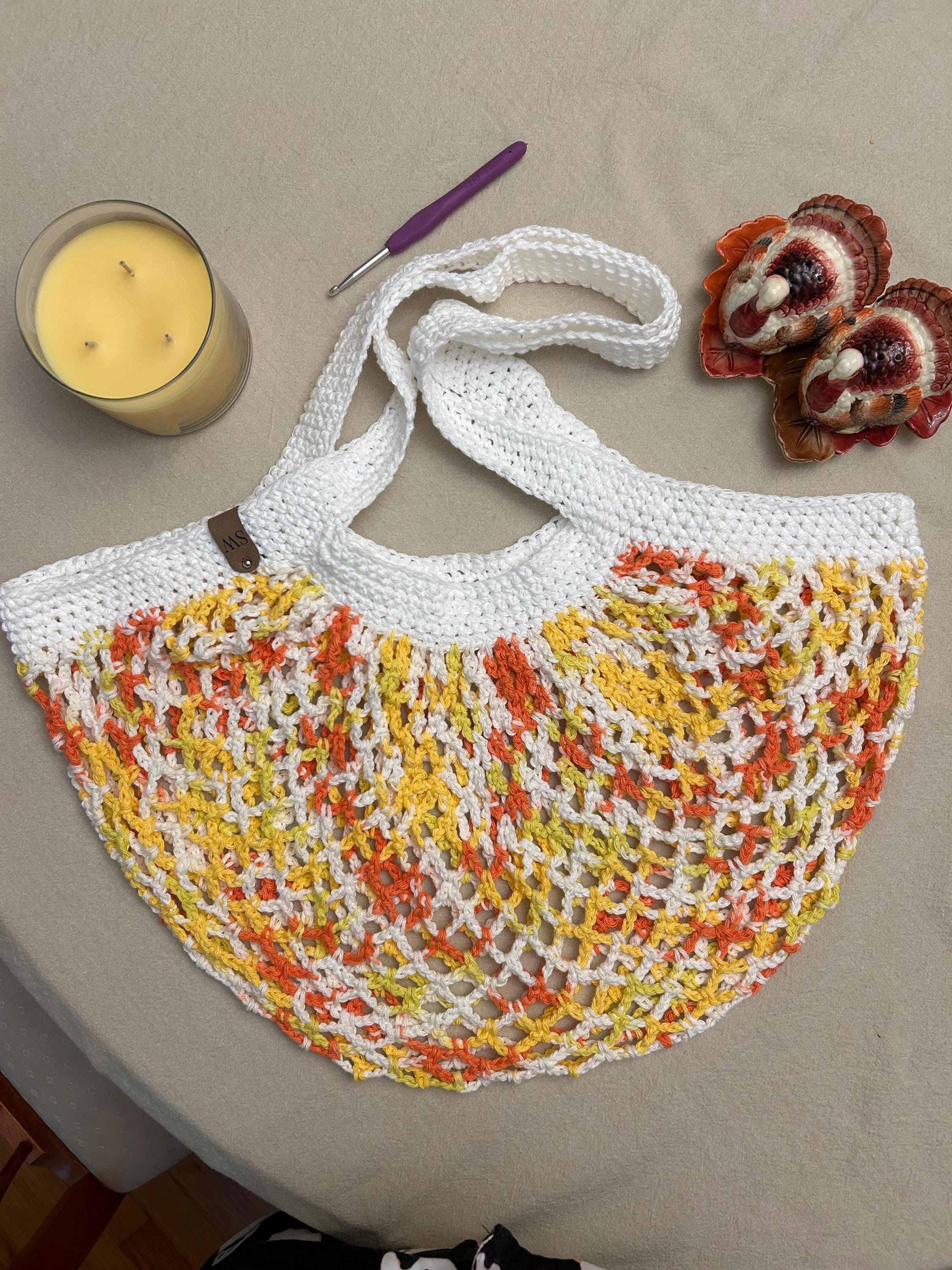 Handcrafted Crochet Mesh Market Bag – Cotton Yarn, Stretchy, Yellow, Orange, & White